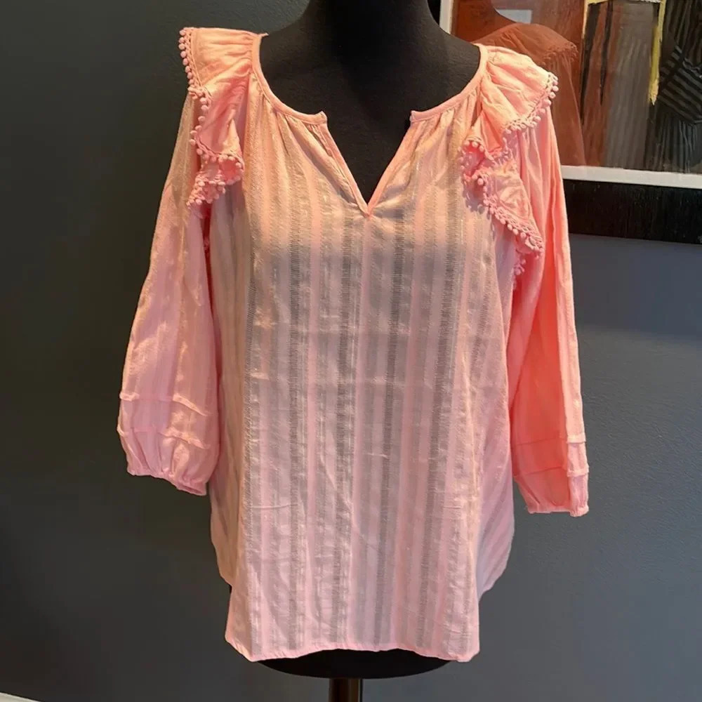 Hester & Orchard peach/silver stripe ruffle shoulder pleated long sleeve top NWT